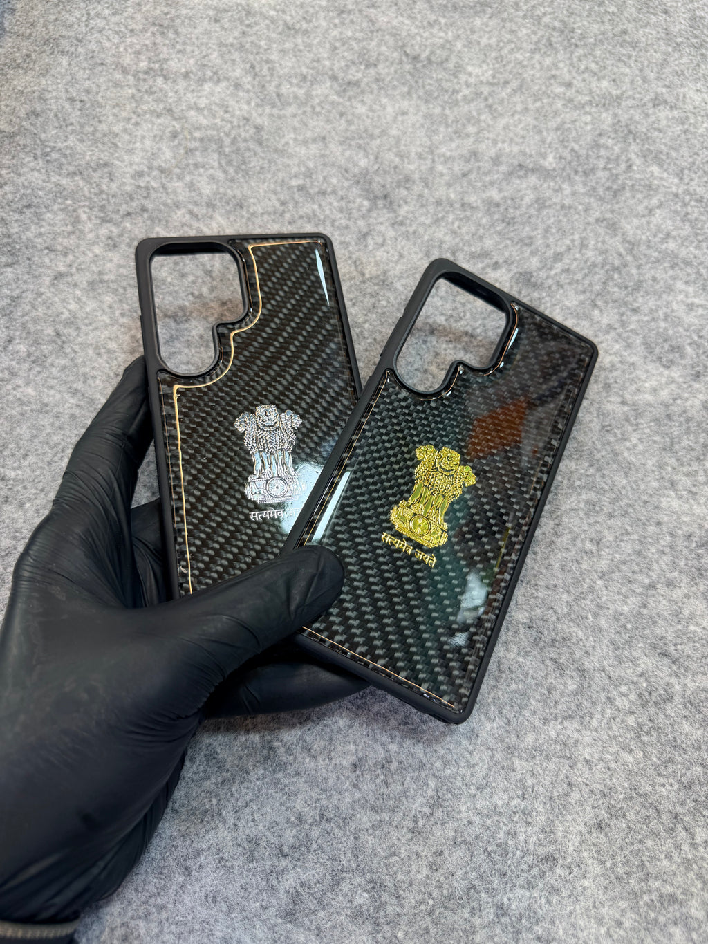 Premium Carbon Fiber Phone Case with Golden Ashok Stambh Emblem