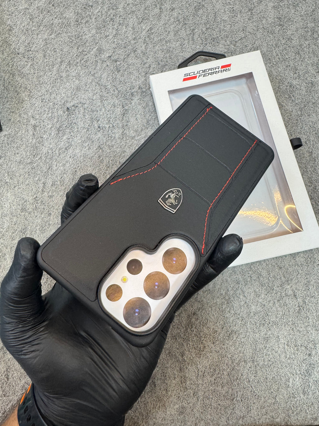 Samsung Galaxy S26 Ultra Ferrari Leather Stitched Case – Premium Luxury Shockproof Cover Black