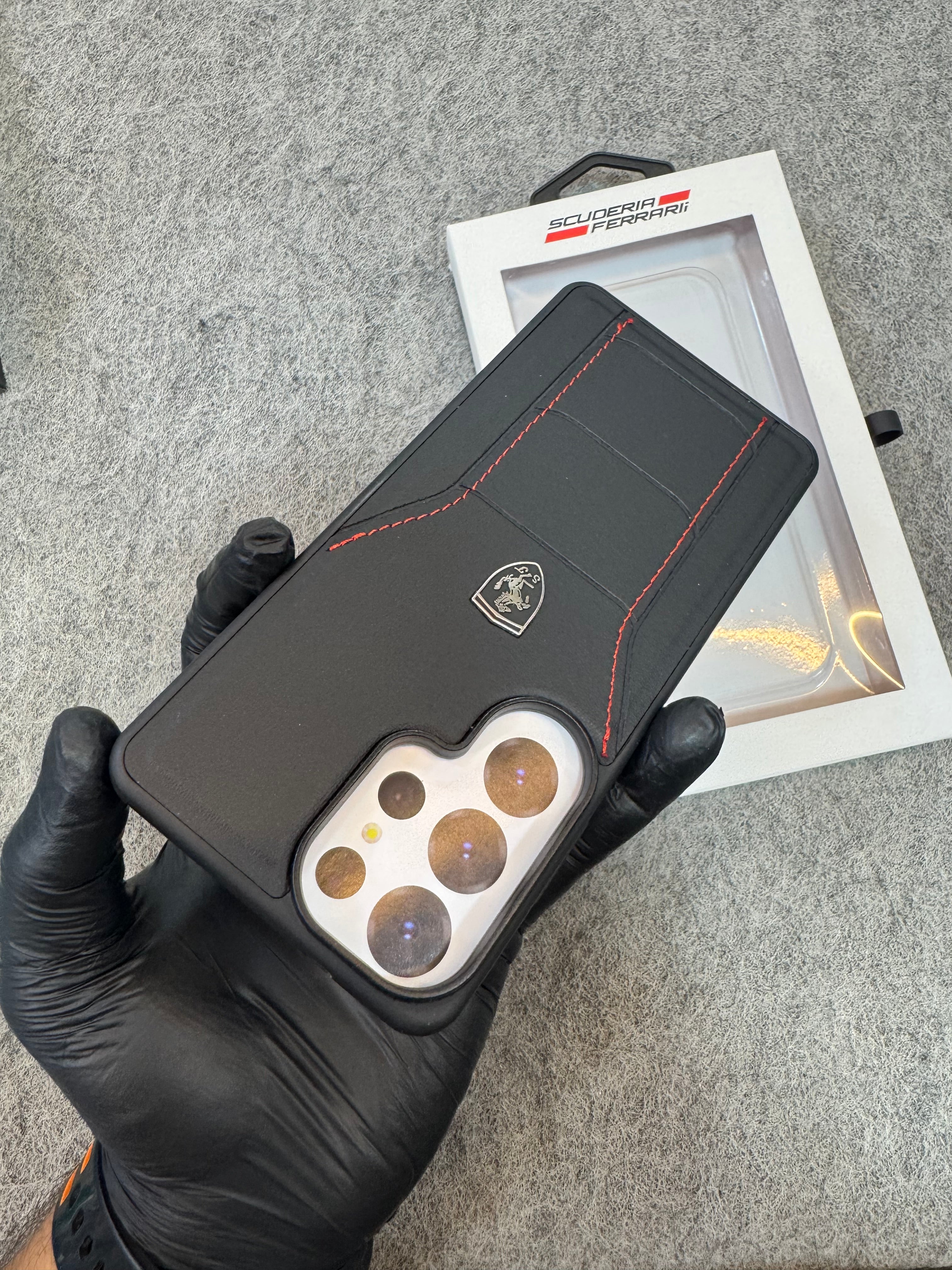 Samsung Galaxy S26 Ultra Ferrari Leather Stitched Case – Premium Luxury Shockproof Cover Black