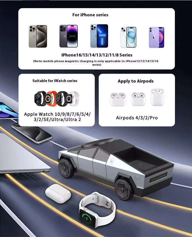 Cybertruck 3-in-1 Magnetic Wireless Fast Charger for iPhone, Apple Watch & AirPods (MagSafe Charging Dock)