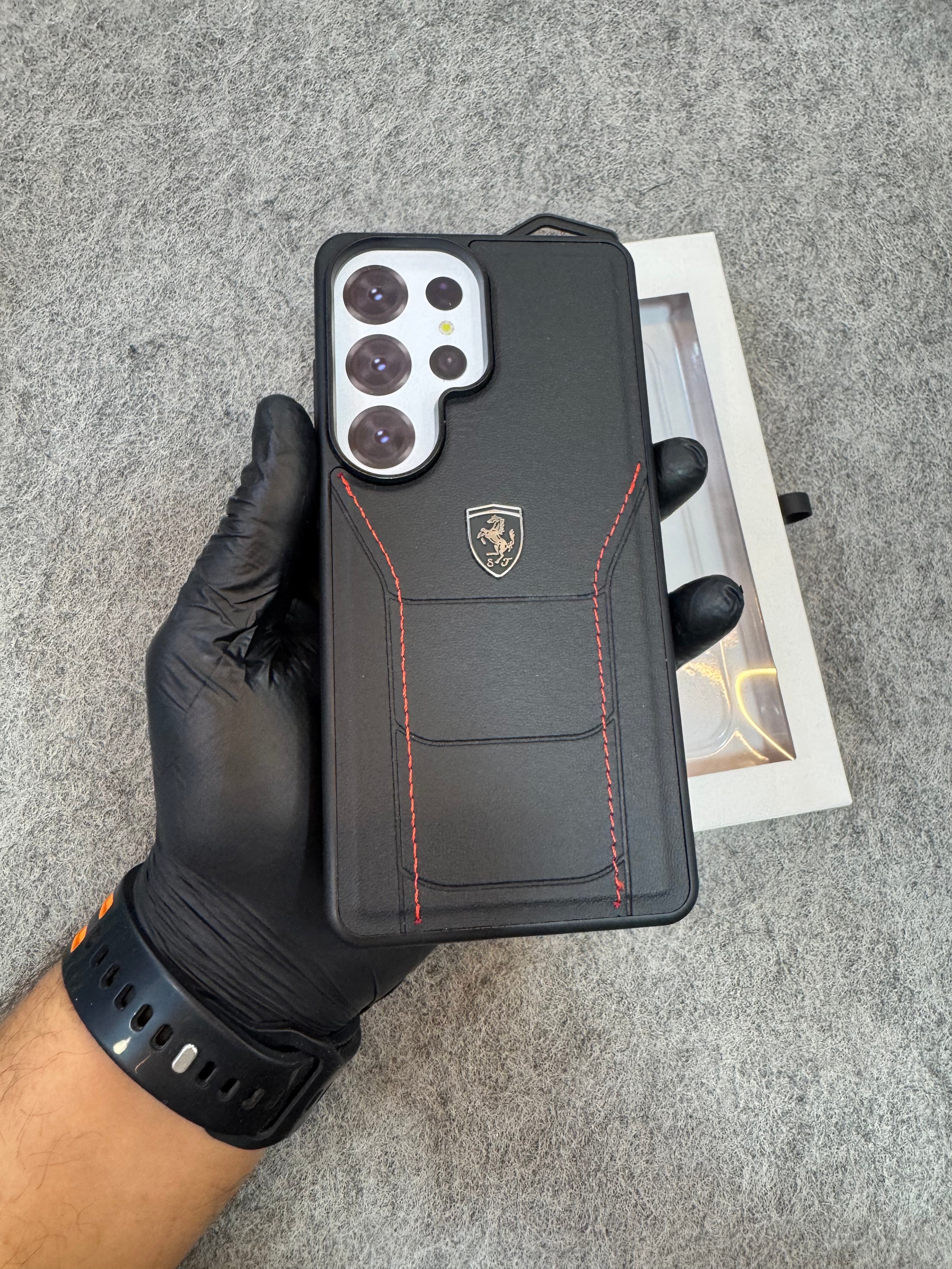 Samsung Galaxy S26 Ultra Ferrari Leather Stitched Case – Premium Luxury Shockproof Cover Black