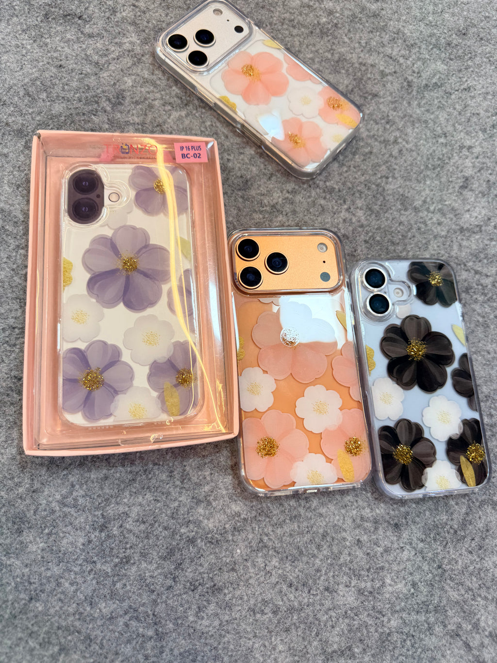3D Floral Transparent Phone Case with Glitter