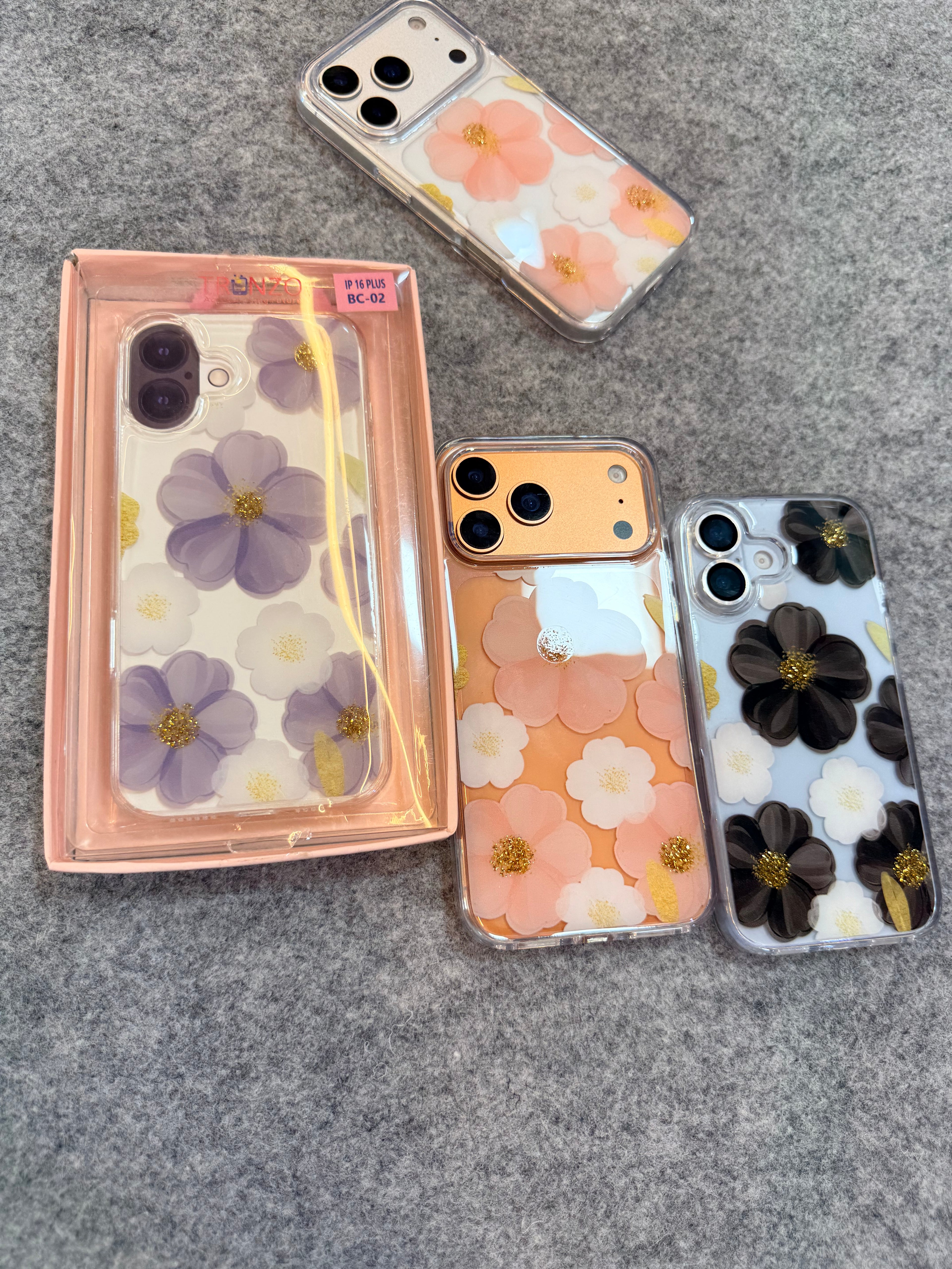 3D Floral Transparent Phone Case with Glitter