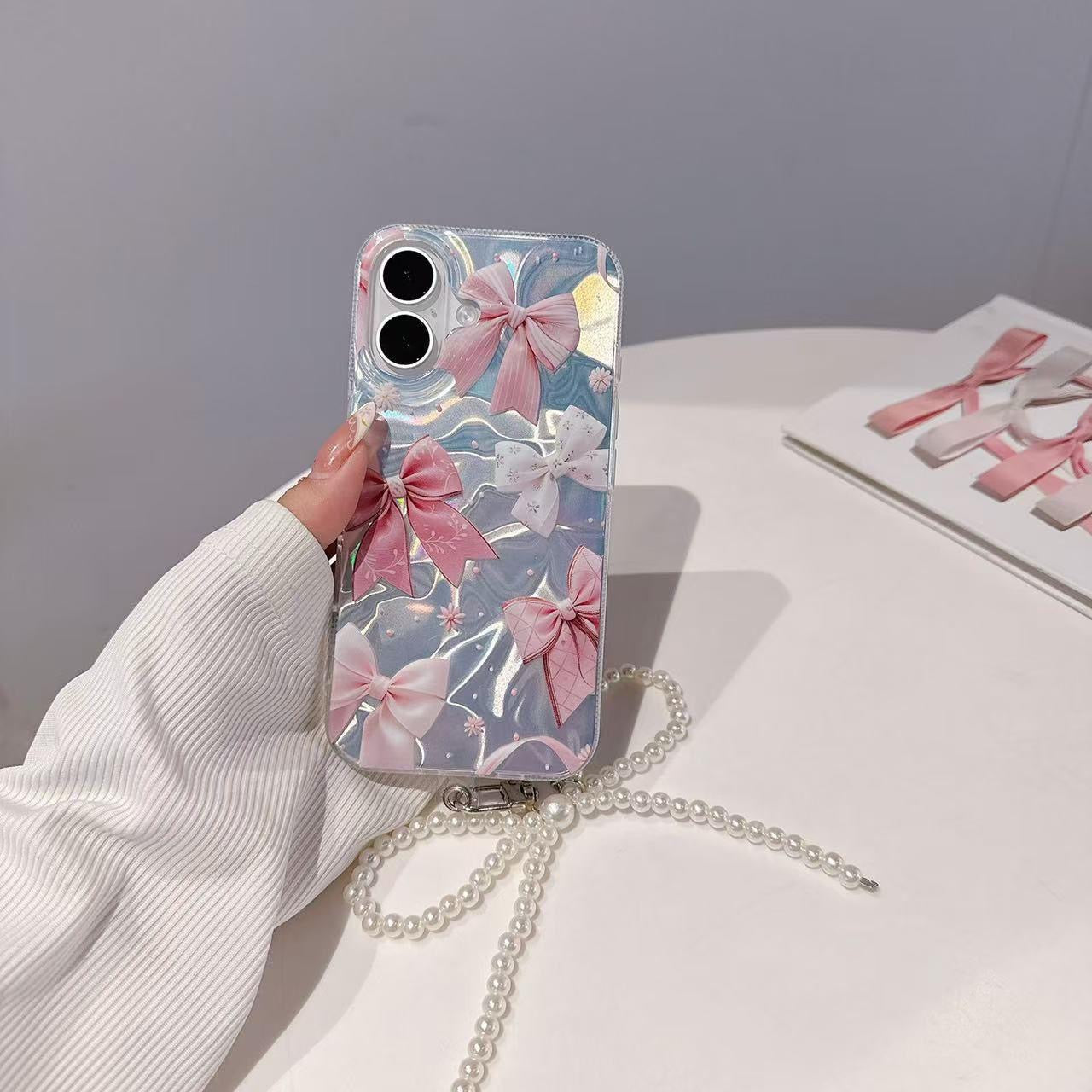 Holographic Pink Bow iPhone Case with Pearl Strap