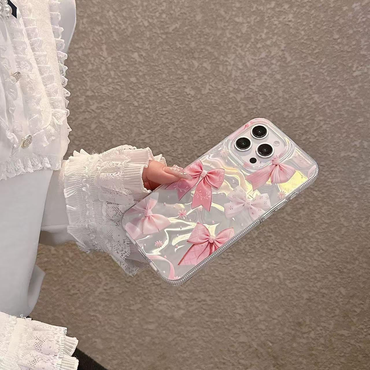 Holographic Pink Bow iPhone Case with Pearl Strap