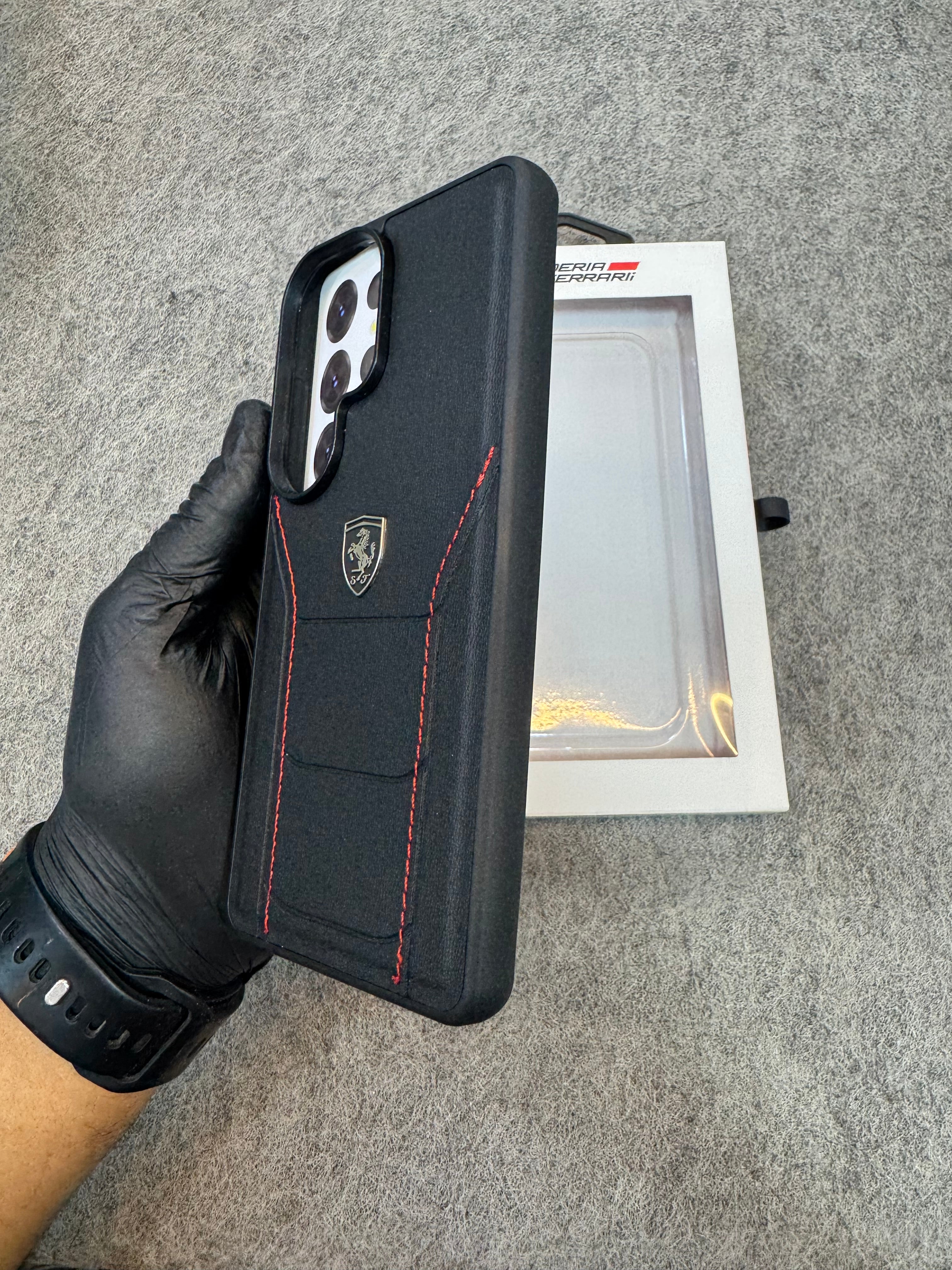 Samsung Galaxy S26 Ultra Ferrari Leather Stitched Case – Premium Luxury Shockproof Cover Black