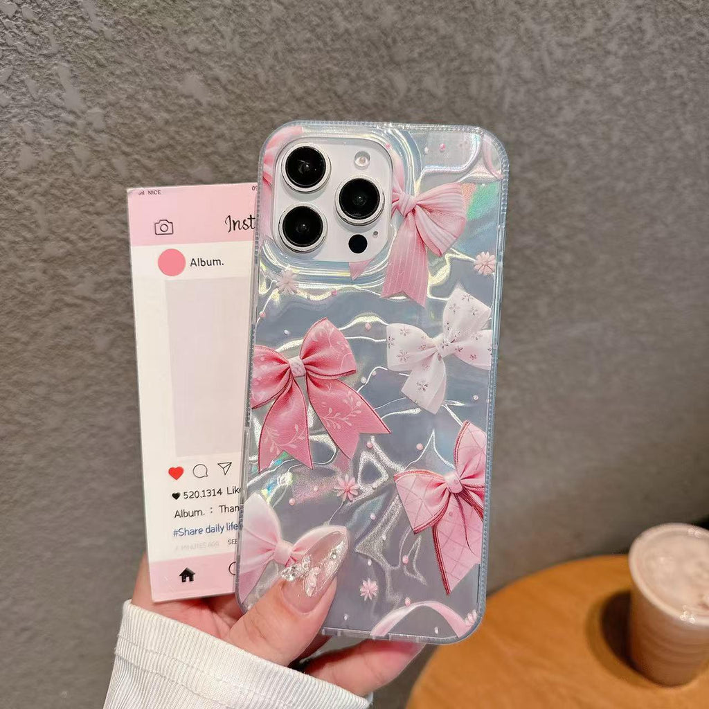 Holographic Pink Bow iPhone Case with Pearl Strap
