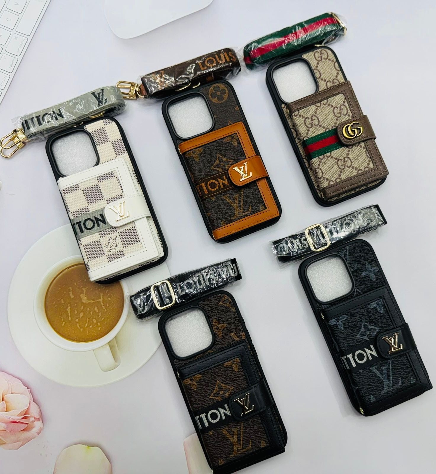 Designer Leather Phone Case with Card Holder & Detachable Strap