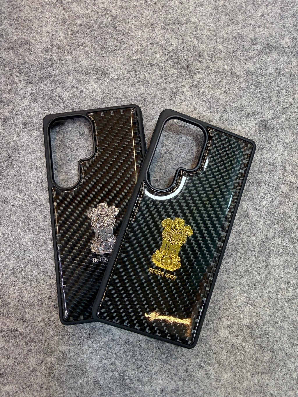 Premium Carbon Fiber Phone Case with Golden Ashok Stambh Emblem