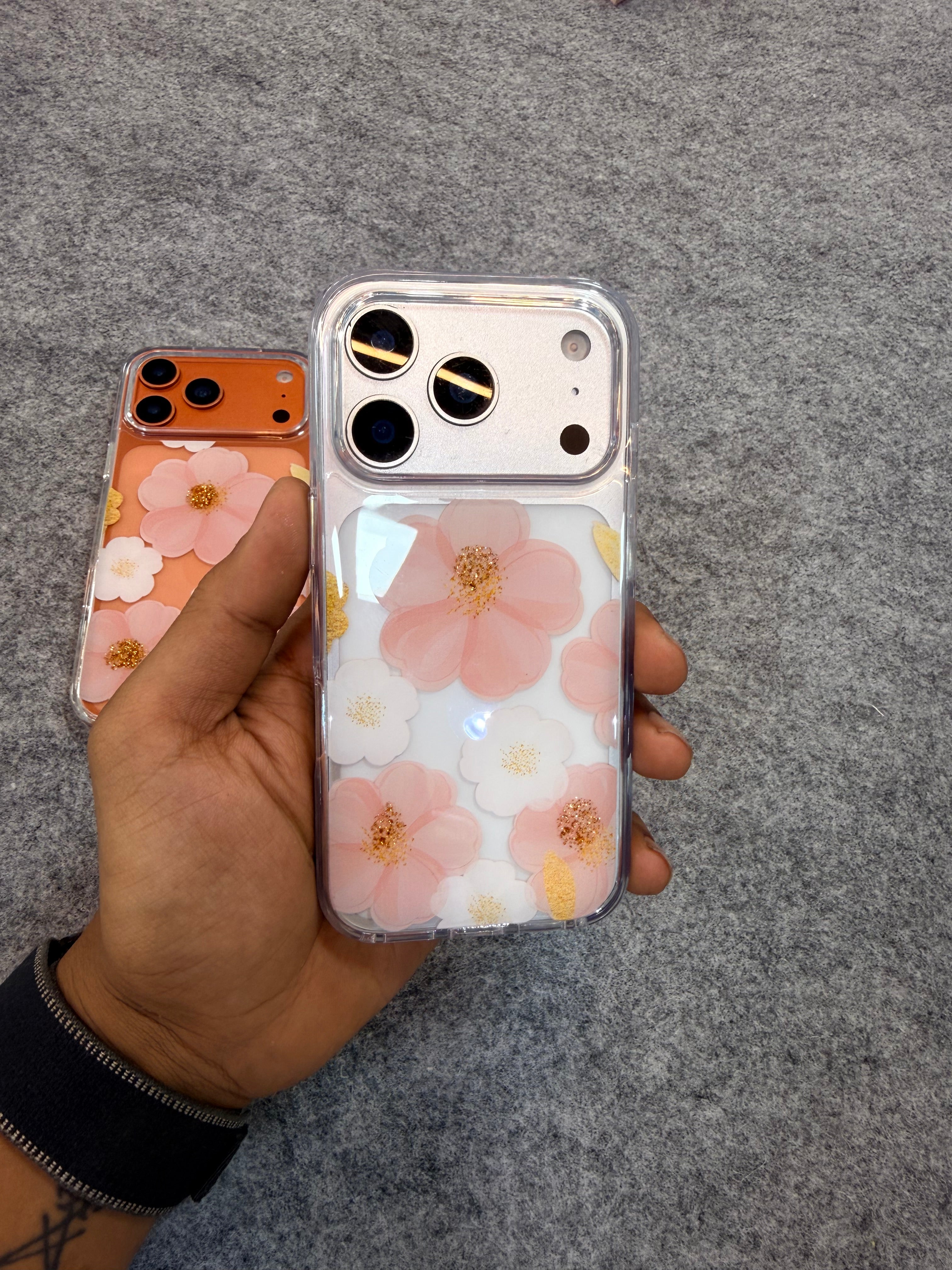 3D Floral Transparent Phone Case with Glitter