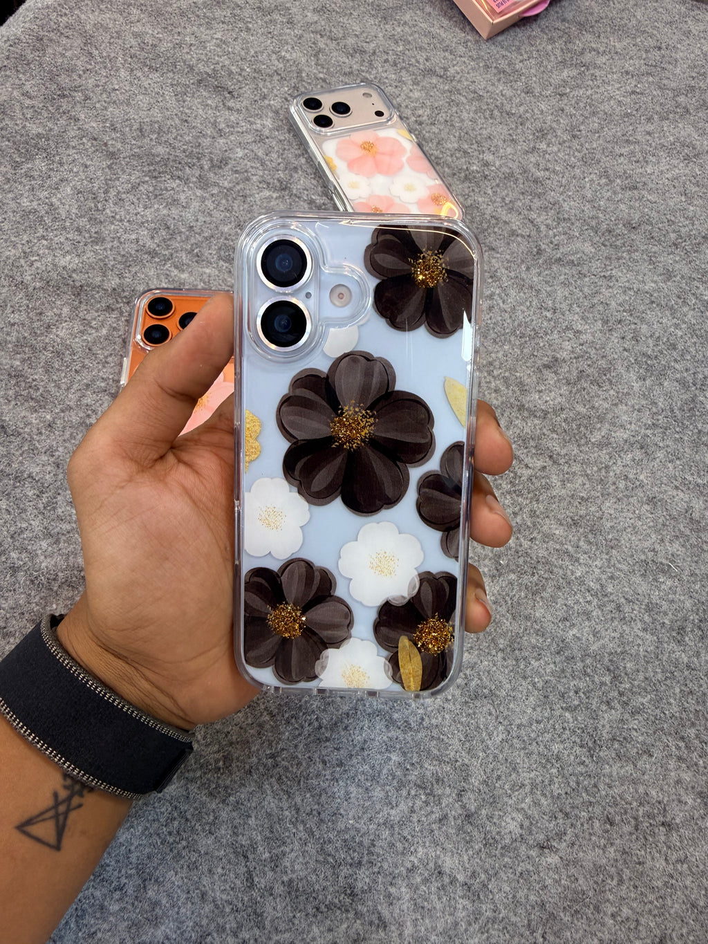 3D Floral Transparent Phone Case with Glitter