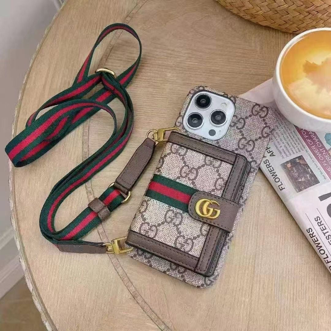 Designer Leather Phone Case with Card Holder & Detachable Strap