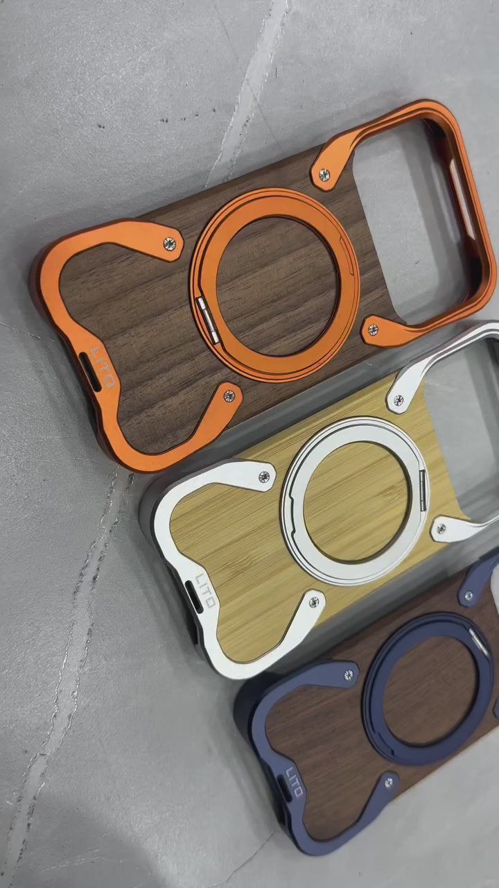 LITO Wooden Metal MagSafe Case | 360° Rotating Stand (for iPhone 17 Pro / 17 Pro Max)